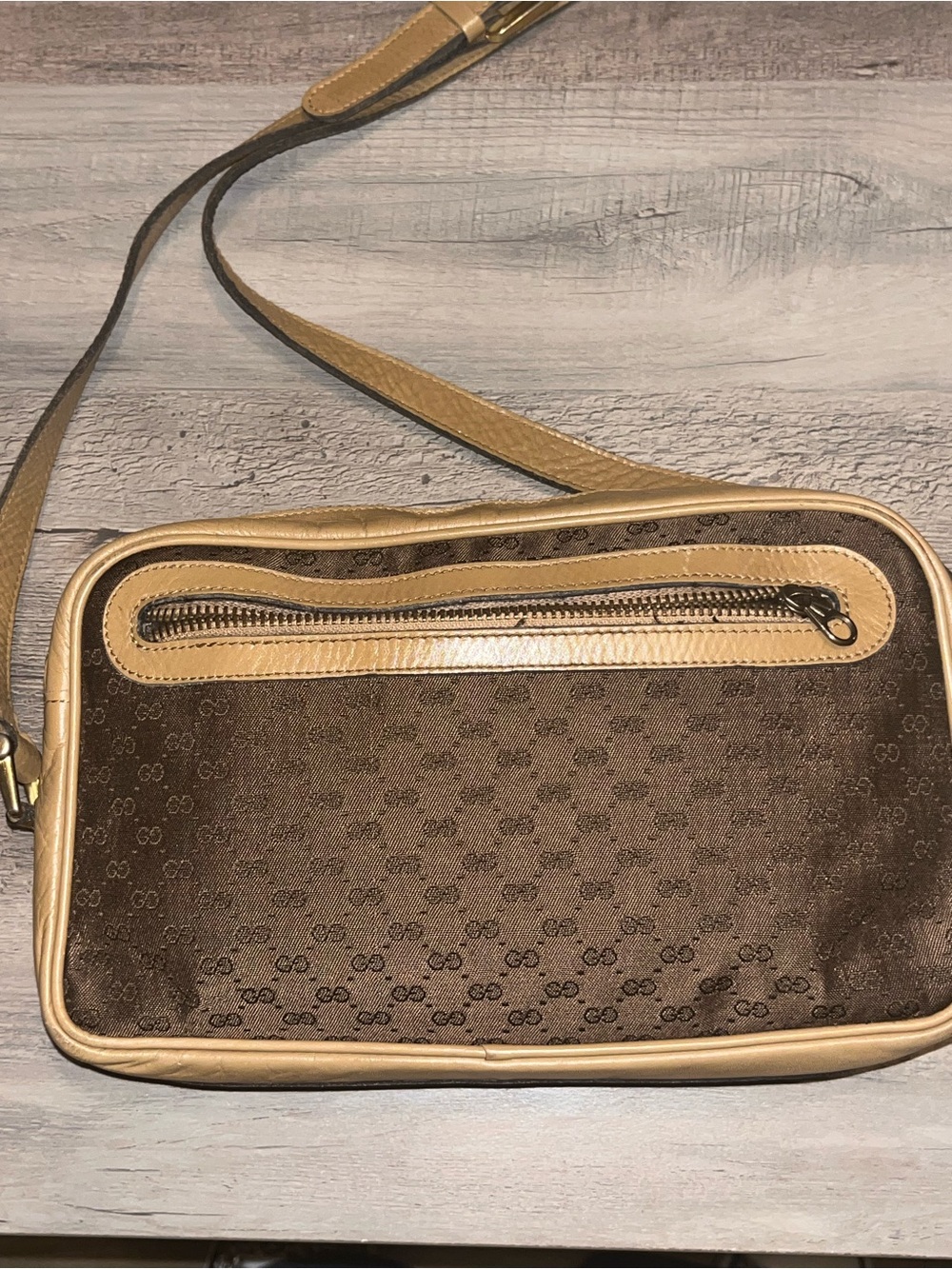 Vintage Gucci Brown Monogram Shoulder Bag with Tan Trim